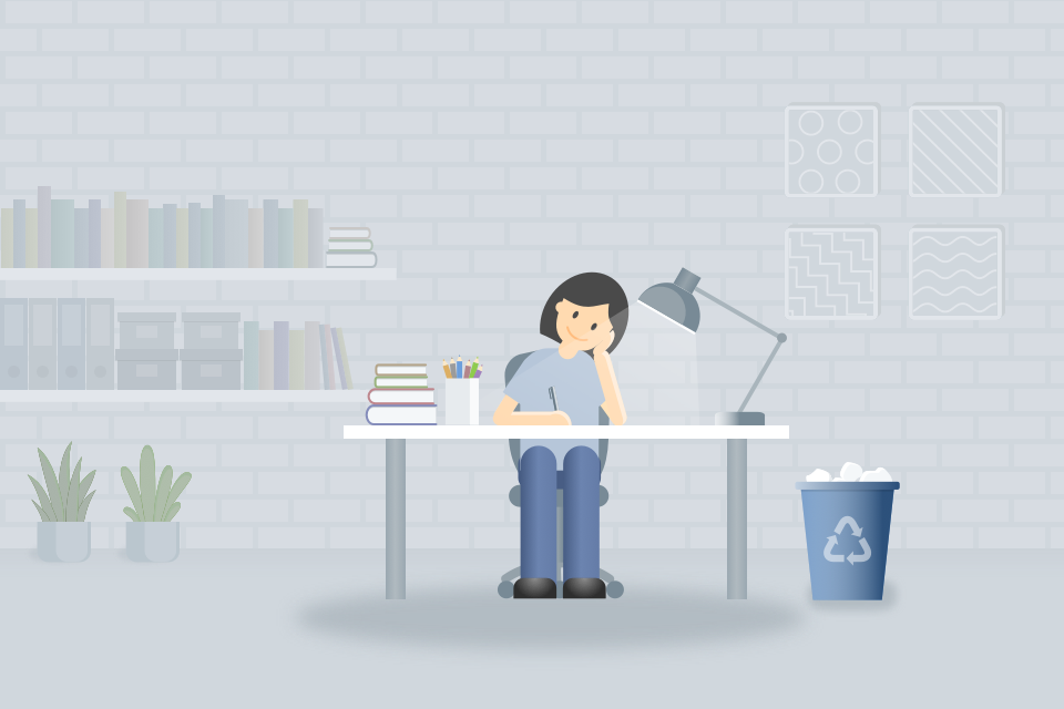 Illustration of Ying at a desk, chin in hand, sketching next to a lamp, a stack of books and a jar of pencils.