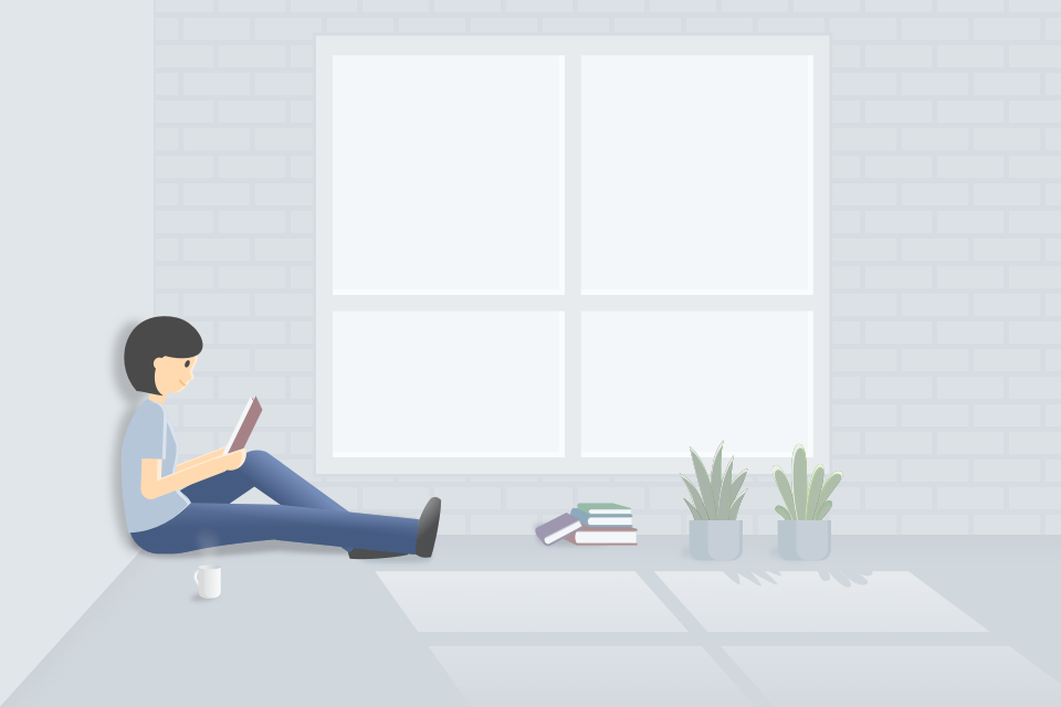 Illustration of Ying curled up with a book beside a shelf of books.