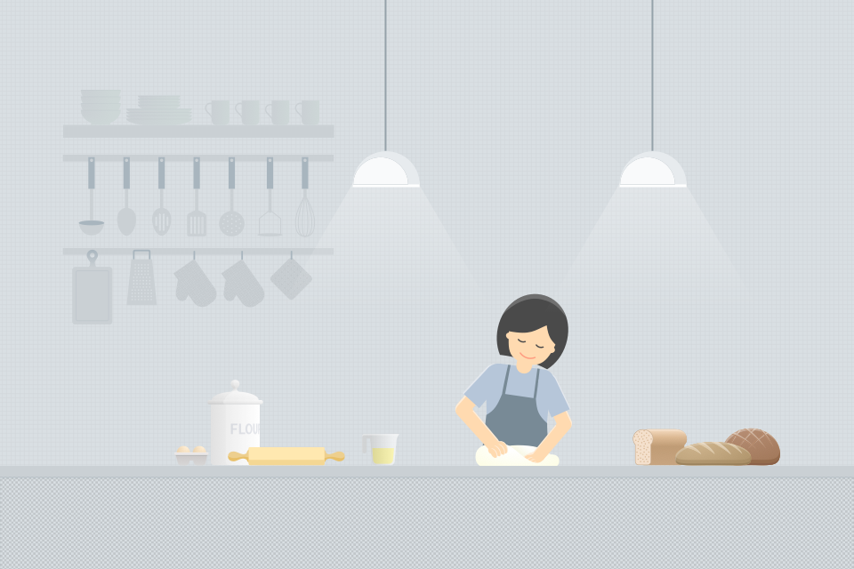 Illustration of Ying in a kitchen with mixing bowls, flour and a rolling pin.