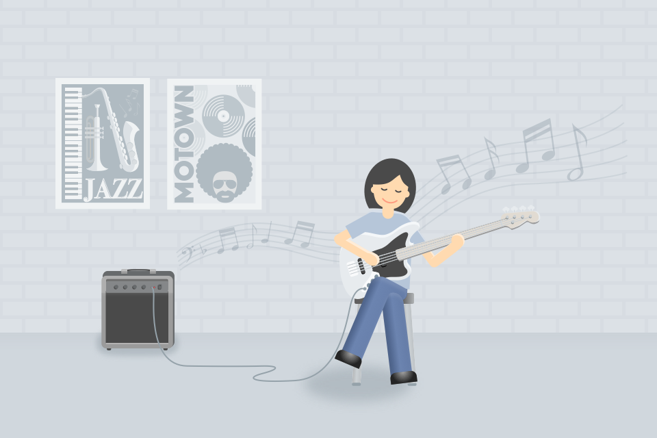 Illustration of Ying playing an electric bass in front of jazz and Motown posters, an amp on the floor beside her.