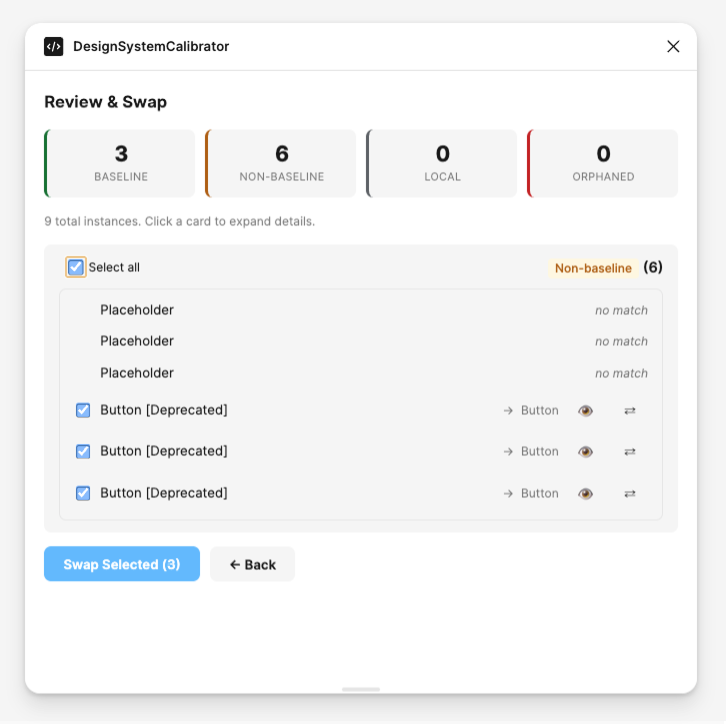 Design System Calibrator separates three baseline and six non-baseline instances, selects three deprecated buttons and proposes Button replacements.