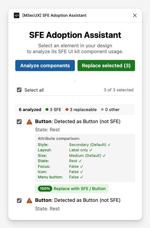 The SFE Adoption Assistant compares a selected non-SFE button with the closest SFE Button match attribute by attribute.