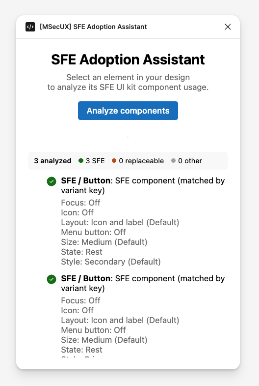 The SFE Adoption Assistant after replacement. Three analyzed buttons are now recognized as SFE Button components, matched by variant key, and the summary reports zero replaceable or other elements.