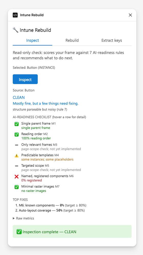 The complete Intune Figma Rebuild inspection result in one merged capture, showing a Clean verdict, seven AI-readiness checks and ranked top fixes.