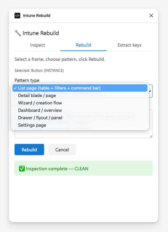 Intune Figma Rebuild showing pattern choices including list page, detail blade, wizard, dashboard, drawer and settings page.