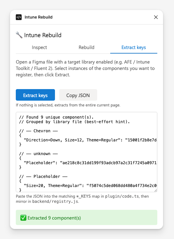 Intune Figma Rebuild after extracting nine component keys grouped by library file, with JSON ready to copy into the component registry.