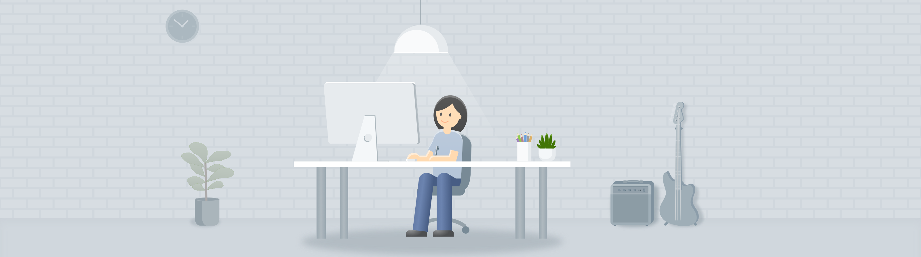 Illustration of Ying at her desk in front of a large monitor, a plant to one side and a bass guitar and amp in the corner.