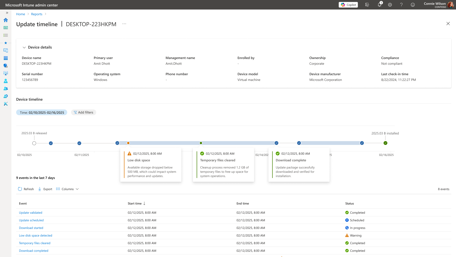 The update timeline for a single device. A device details panel lists device name, primary user, management name, ownership, compliance, serial number, operating system, device model, manufacturer and last check-in time. Beneath it, a horizontal timeline runs along a date axis from the tenth to the sixteenth of February, from a release marker to an installed marker, with event dots along it. Three open cards describe events: a warning that available storage dropped below 500 MB, a cleared temporary files event that freed 1.2 GB, and a download complete event. Below, a table lists each event with start time, end time and a status of completed, scheduled, in progress or warning.
