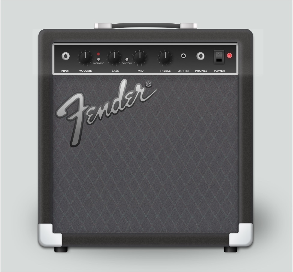 Front view vector illustration of a Fender bass amplifier with control knobs, input and output jacks, a dark patterned grille, handle and metal corner guards.