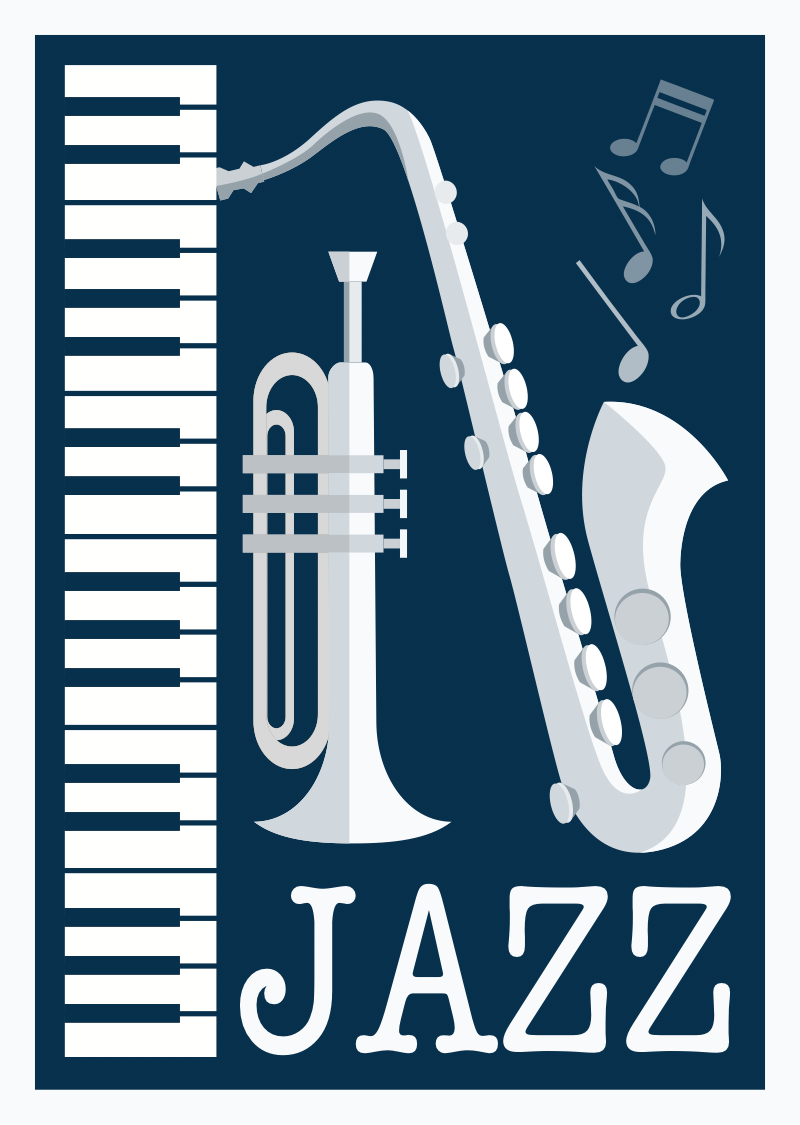 Jazz poster: a double bass and horn rendered in flat shapes over warm type.