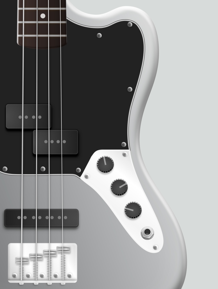 Vector illustration of a Fender Jazz Bass, rendered in close detail: pickups, bridge saddles and control knobs.