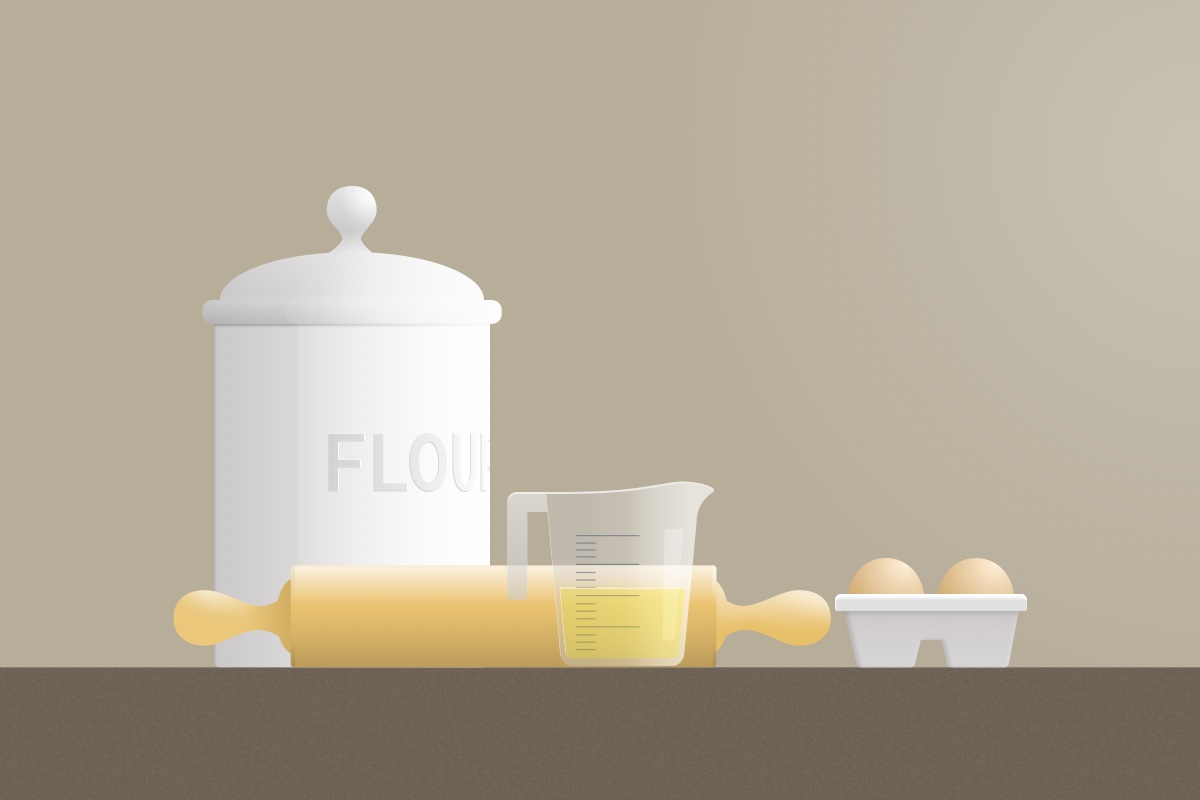 Vector still life of a glass measuring cup, a flour canister, eggs and a rolling pin.