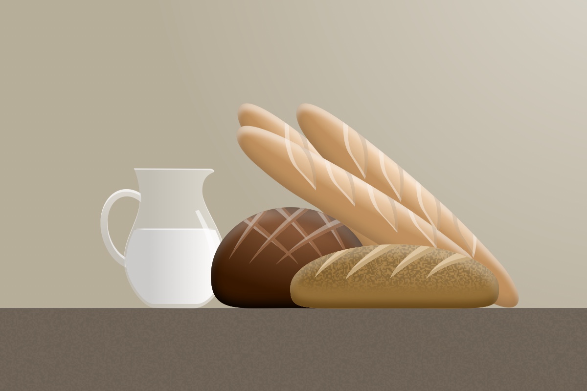 Vector still life of a glass jug of milk, a round scored loaf, a seeded loaf and two baguettes.