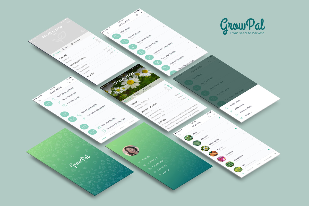 A set of GrowPal screens in perspective: plant list, activity list, calendar, plant detail with timing and instructions, and a patterned splash screen.