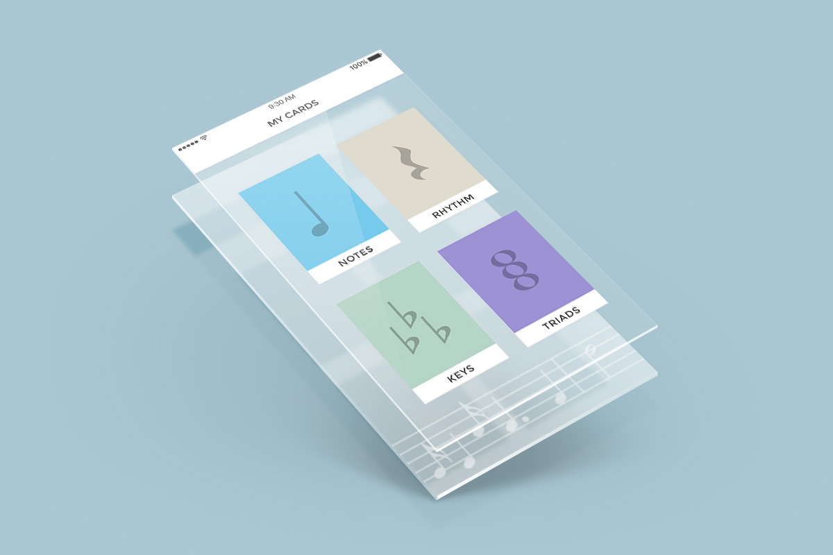 The SightOn 'My Cards' screen shown in perspective, with four colored decks: notes, rhythm, keys and triads.