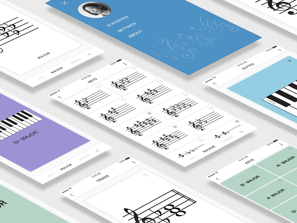 SightOn app screens showing musical staves, key signatures, triads and a piano keyboard for answering.