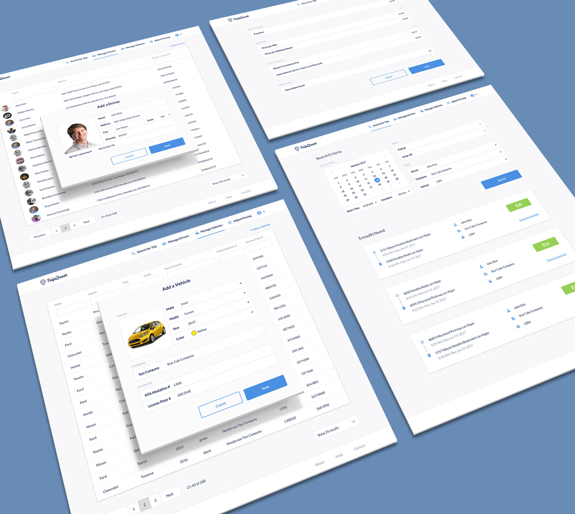 A collection of TripQuest web screens: search criteria, trip results with fares, and the driver and vehicle management views.