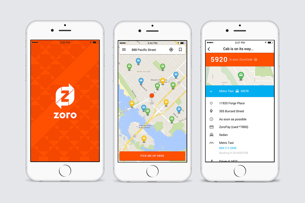 Three iPhones showing the Zoro app: an orange splash screen, a map of nearby cabs with a 'pick me up here' button, and a 'cab is on its way' screen with a four-digit ZoroCode.