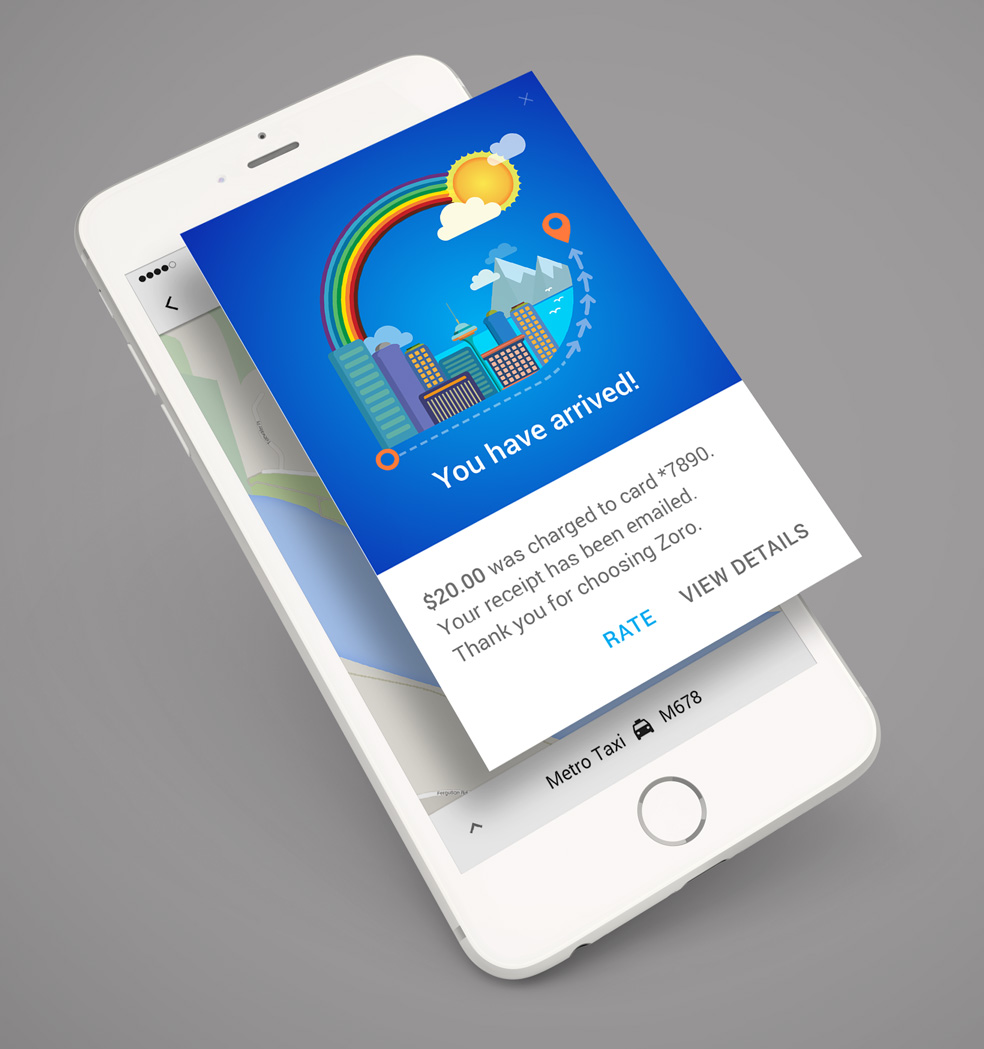An iPhone showing the Zoro 'You have arrived' screen: an illustrated skyline under a rainbow, the amount charged to the card, and options to rate the trip or view details.