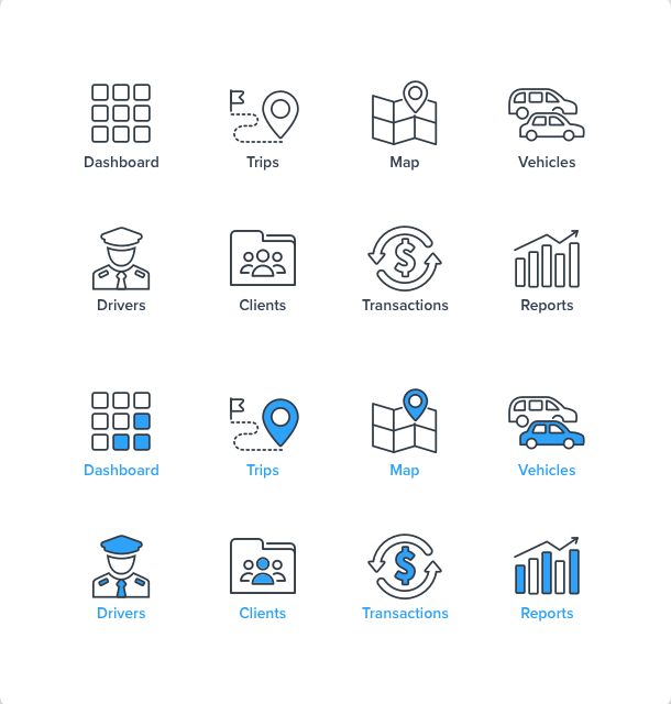 Line icons for dashboard, trips, map, vehicles, drivers, clients, transactions and reports, shown in gray and again in a blue selected state.