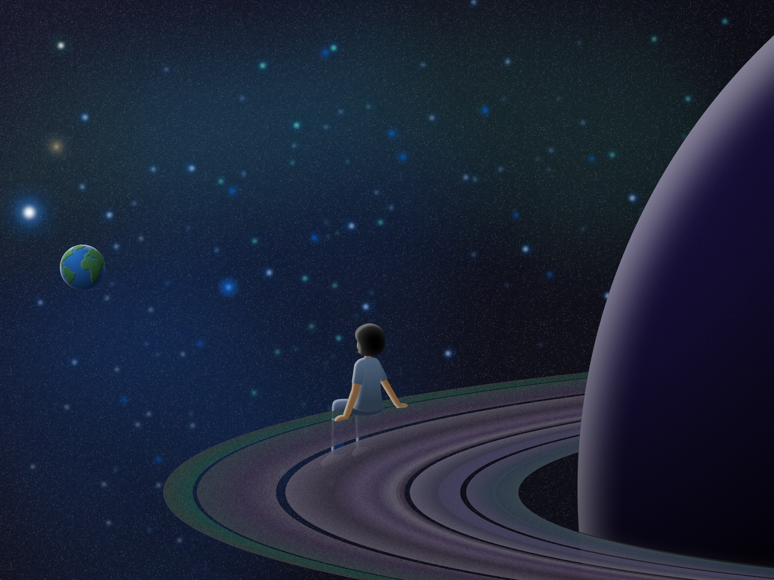 Illustration of a boy sitting on the rings of a ringed planet, looking across a star field toward a distant Earth.