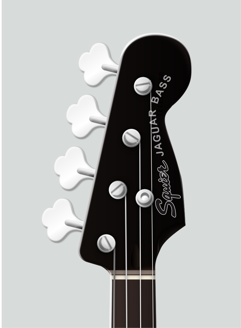 Vector illustration of a Squier Jaguar Bass headstock, showing four tuners, the string retainer and the logo.