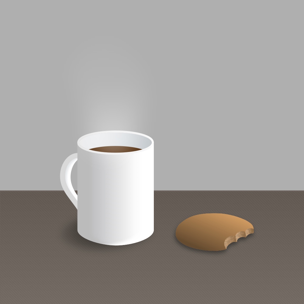 Vector still life of a white mug of tea with steam rising, beside a cookie with a bite taken out of it.