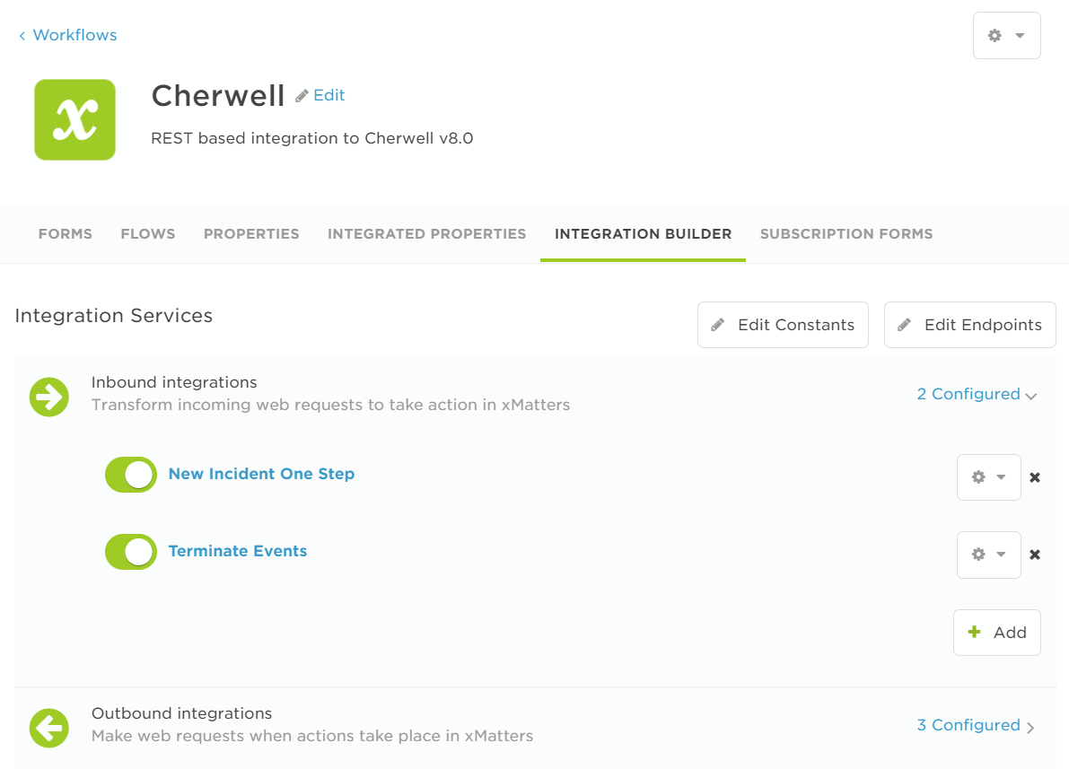 A Cherwell workflow with the Integration Builder tab selected from that same row. An Integration Services panel holds two collapsible lists: inbound integrations, which transform incoming web requests, showing two configured entries with on-off toggles; and outbound integrations, which make web requests when actions take place, showing three configured.