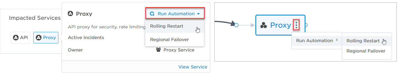 Two views side by side. On the left, a service card in the incident console's Impacted Services panel with a Run Automation menu open, offering Rolling Restart and Regional Failover. On the right, the same menu opened from a service node on the dependency map.