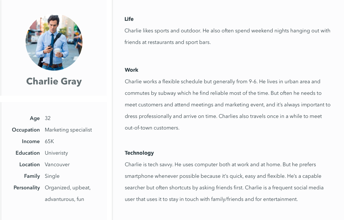 A persona sheet for Charlie Gray, shown with a photograph of a man in a shirt and tie checking his phone on a city street. A left column lists age 32, marketing specialist, income 65K, university educated, Vancouver, single, and a personality described as organized, upbeat, adventurous and fun. Three sections on the right cover his life, his work and his relationship with technology.